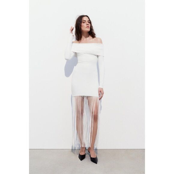 Zara Womens Fringe Dress M White Knit Off The Shoulder Long Sleeve 5584/155 NWT - Picture 1 of 11